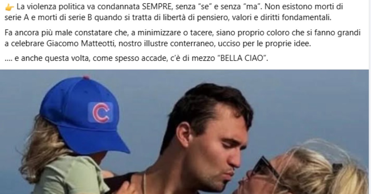 La sindaca di Rovigo posta una foto di Charlie Kirk e una frase di Giacomo Matteotti. Il Pd: “Evitare sovrapposizioni e strumentalizzazioni”