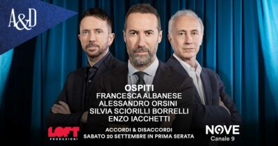 Copertina di Albanese, Orsini, Sciorilli Borrelli e Iacchetti ospiti di Luca Sommi ad Accordi&Disaccordi, sabato 20 settembre. Con Travaglio e Scanzi