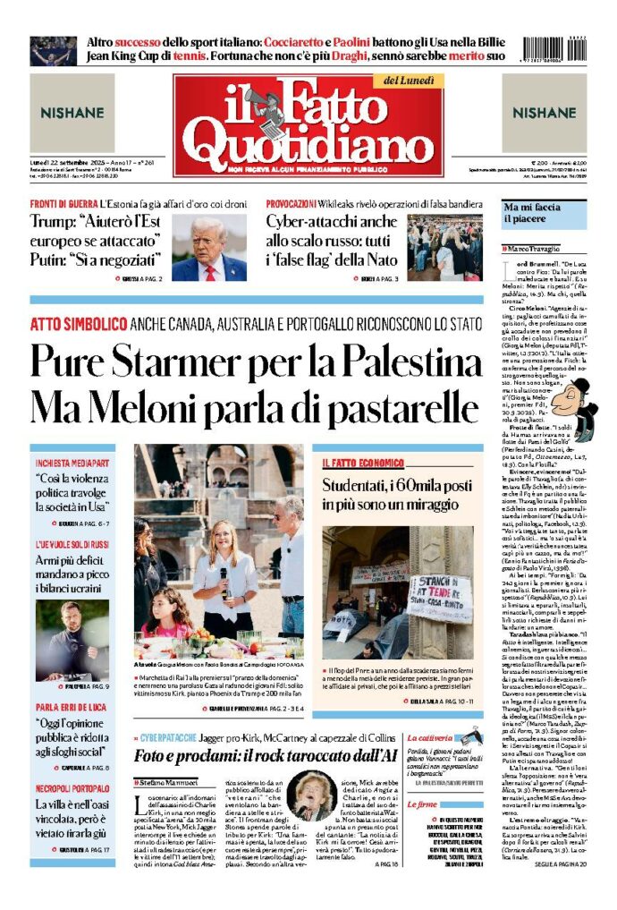 Copertina de Il Fatto Quotidiano di Lun 22 Settembre 2025