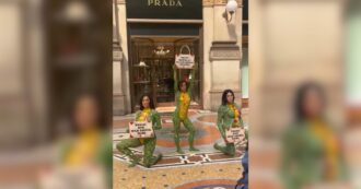 Copertina di Attiviste “insanguinate” e col corpo dipinto da serpente, l’azione di Peta al negozio di Prada: “Stop pelli di animali selvatici”