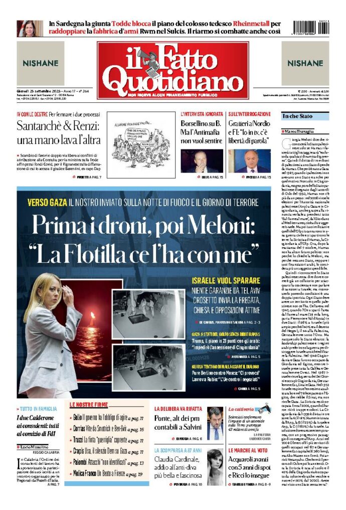 Copertina de Il Fatto Quotidiano di Gio 25 Settembre 2025