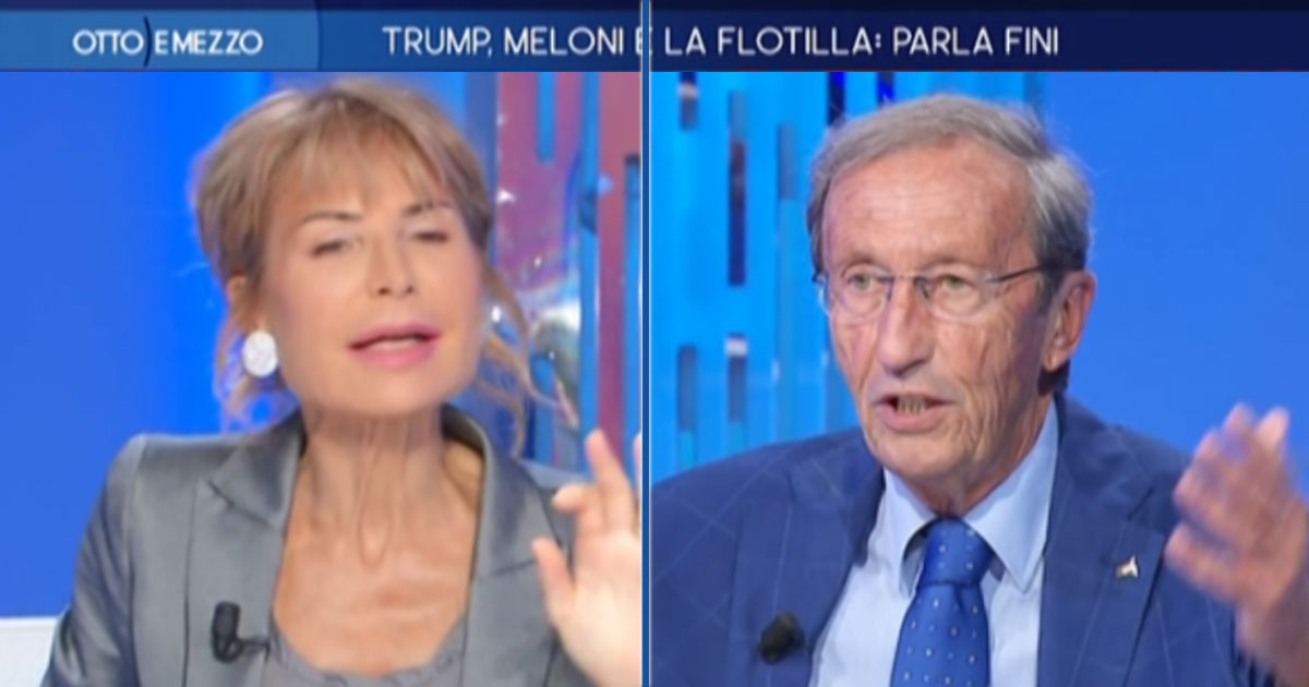gianfranco fini si infuria con lilli gruber su meloni kirk e destra la chiudiamo dopo in privato