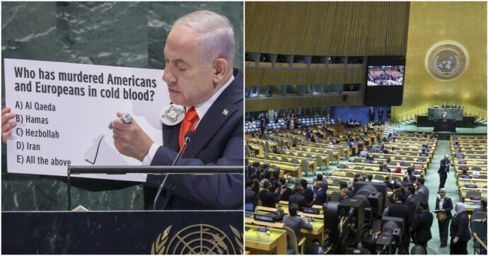 Netanyahu parla all’Onu in un’aula semi-vuota. Nega genocidio e la fame a Gaza: ‘Riconoscere Palestina incoraggia Hamas’