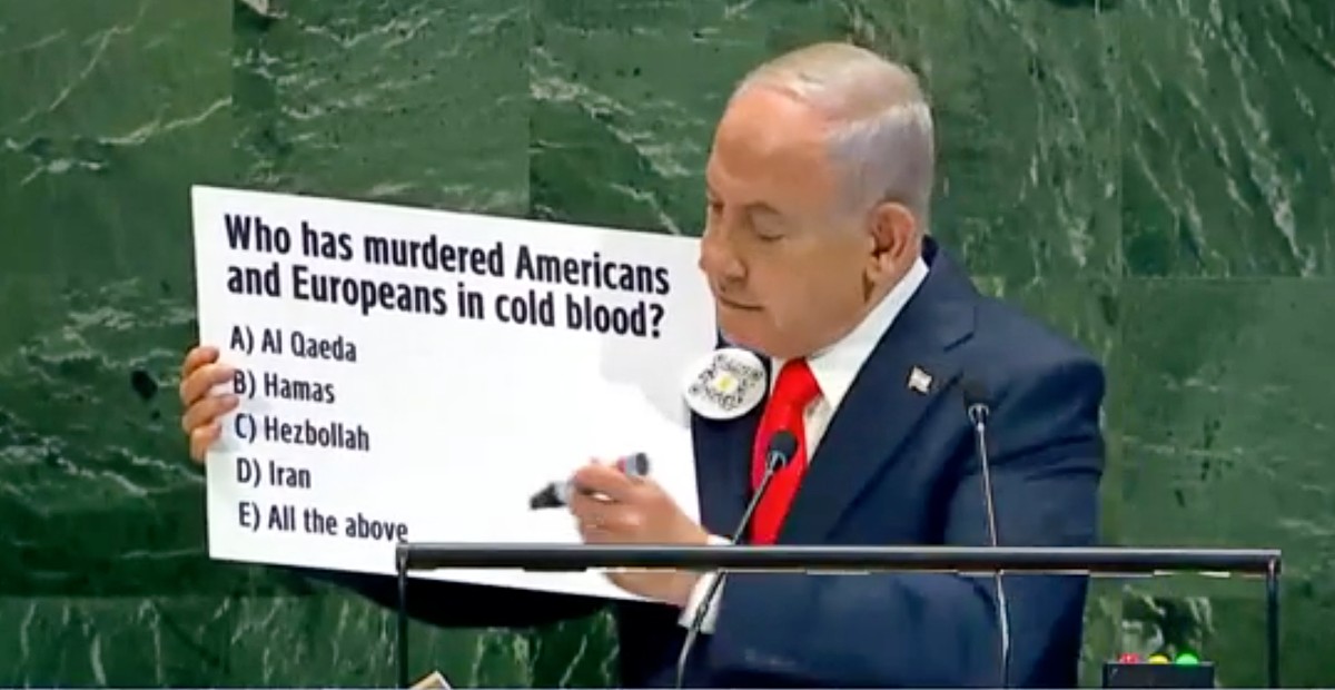 Netanyahu all’Onu invita i presenti a fare un quiz. E poi dice: “Molti leader critici ci lodano in privato”