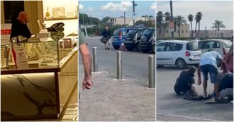 Copertina di Rapina da film a Molfetta, svaligia una gioielleria ed esplode colpi di mitra nel parcheggio: due feriti – Video
