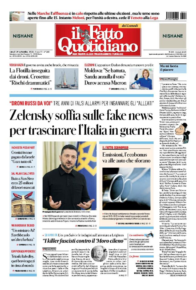 Copertina de Il Fatto Quotidiano di Lun 29 Settembre 2025