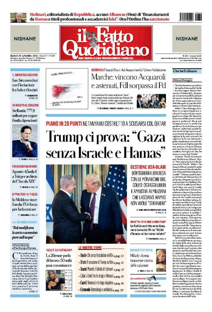 Copertina de Il Fatto Quotidiano di Mar 30 Settembre 2025