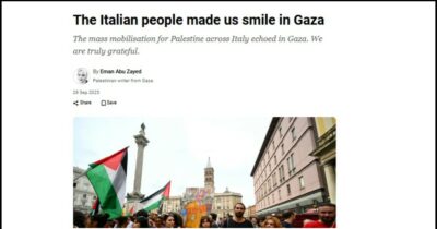 Copertina di “Il sostegno degli italiani porta speranza a Gaza”. E sui media e social arabi rimbalzano Salis, Di Battista e Cacciari