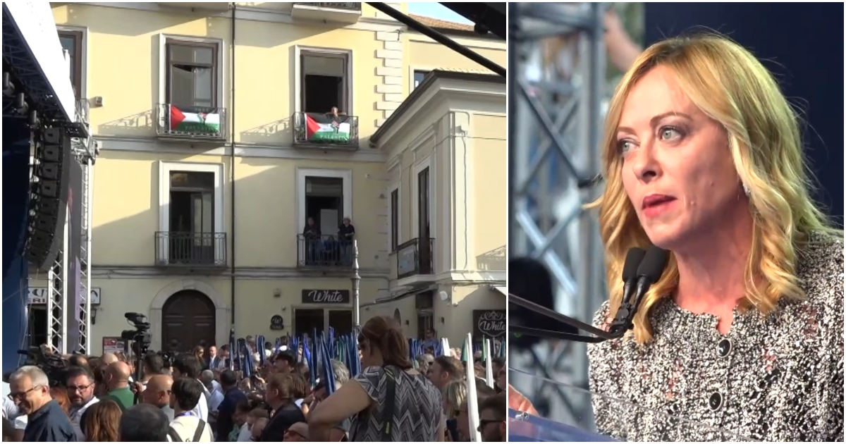 Parlano Meloni e Salvini a Lamezia, dai balconi esposte bandiere della Palestina – Video