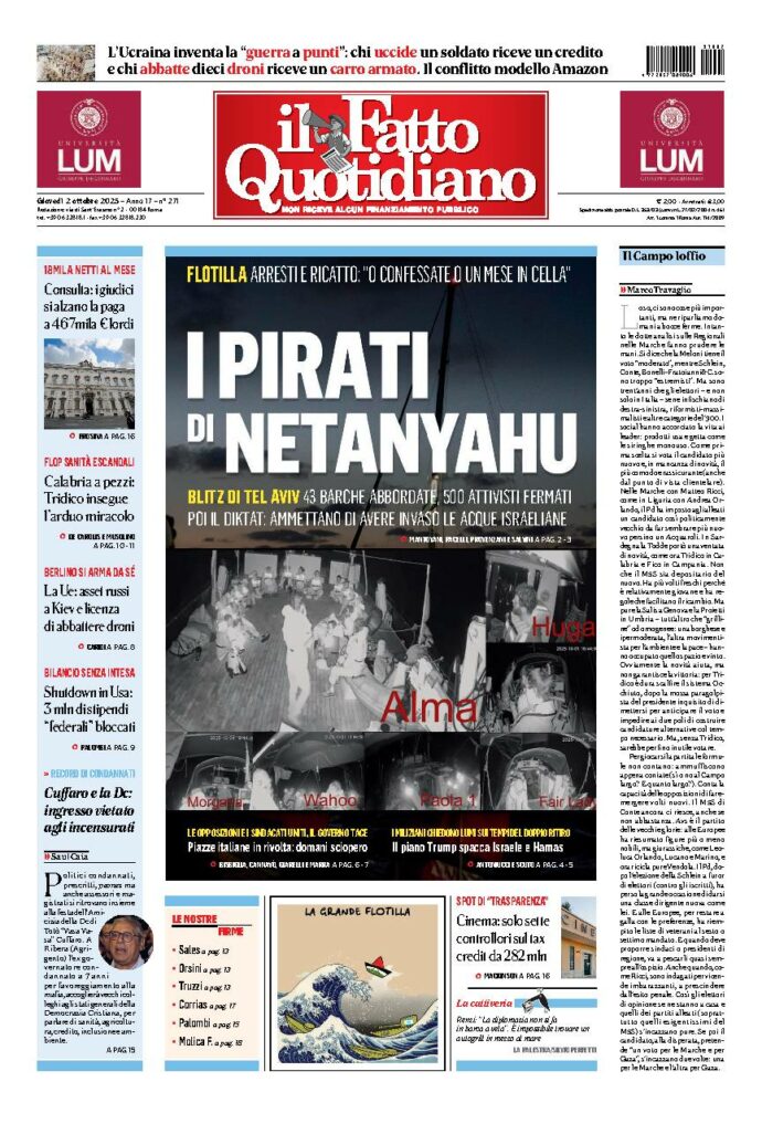 Copertina de Il Fatto Quotidiano di Gio 2 Ottobre 2025