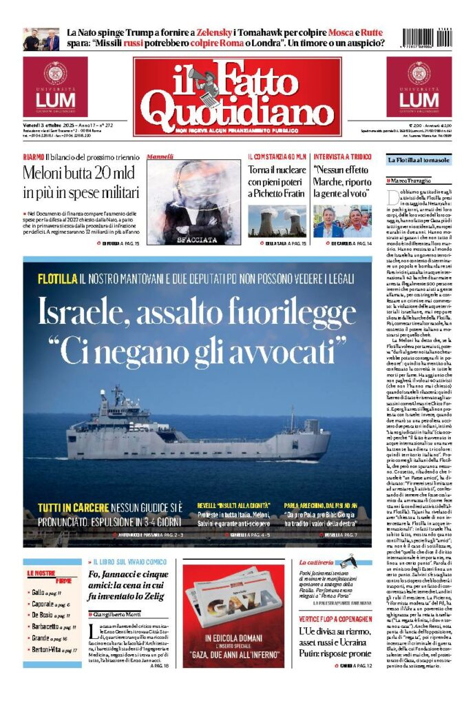 Copertina de Il Fatto Quotidiano di Ven 3 Ottobre 2025