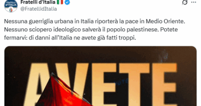 Copertina di Fratelli d’Italia su X: “Avete rotto con gli scioperi. Solo disagi”. Sotto il post marea di commenti pro-Gaza: “I danni li fate voi”
