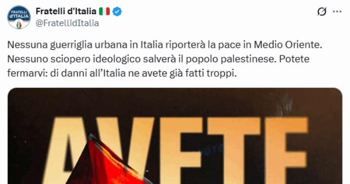 Fratelli d’Italia su X: “Avete rotto con gli scioperi. Solo disagi”. Sotto il post marea di commenti pro-Gaza: “I danni li fate voi”