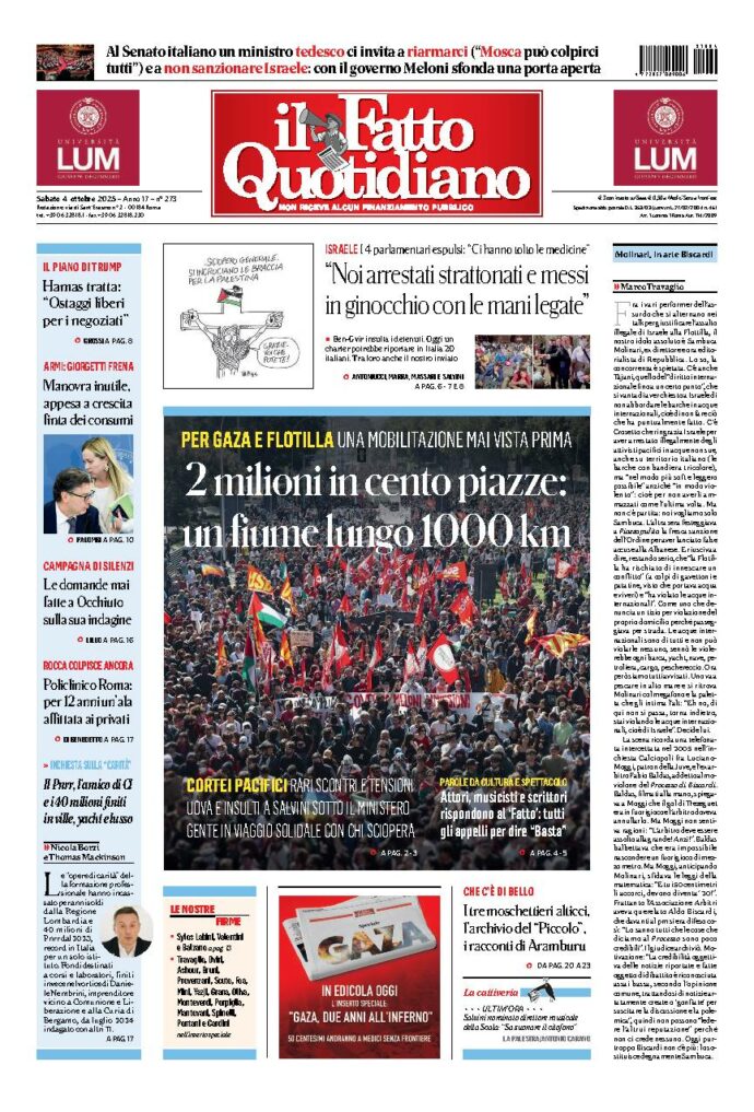 Copertina de Il Fatto Quotidiano di Sab 4 Ottobre 2025