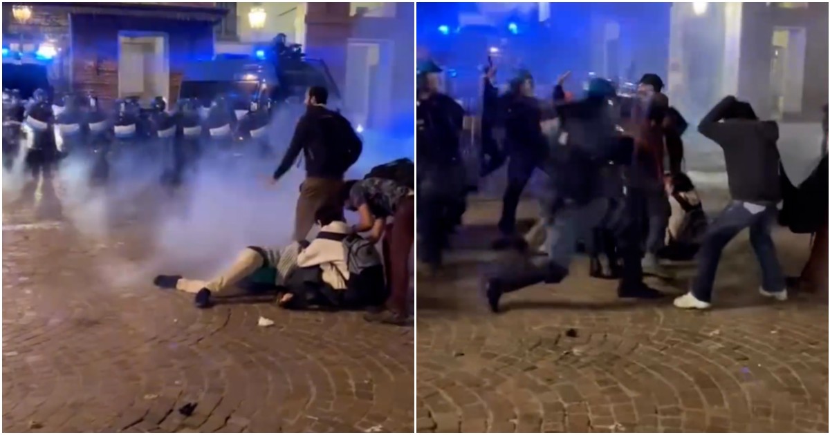 Cortei pro Gaza a Torino, la polizia carica mentre un manifestante è svenuto a terra (colpito da un lacrimogeno) – Video