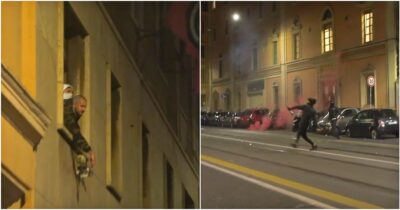 Copertina di Roma, gruppo di manifestanti contro la sede di Casapound: lancio incrociato di oggetti dopo il corteo pro Palestina