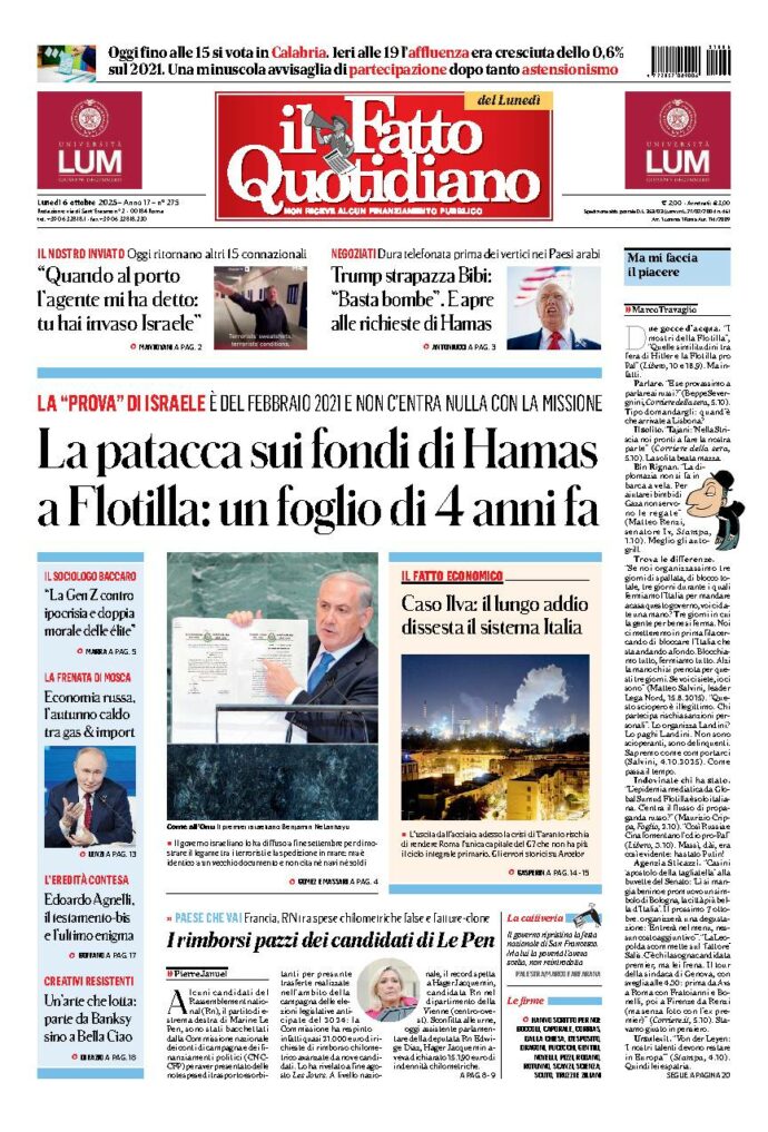 Copertina de Il Fatto Quotidiano di Lun 6 Ottobre 2025