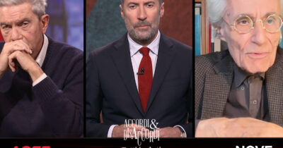Copertina di Battibecco tra Canfora e Padellaro sul Nove, il prof: “Israele Stato terrorista”. “No, perdiamo di vista la storia del popolo ebraico”