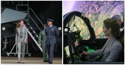 Copertina di Kate Middleton in tacchi a spillo sul simulatore di volo di un aereo militare della RAF britannica: “Mio figlio Louis vuole fare il pilota”