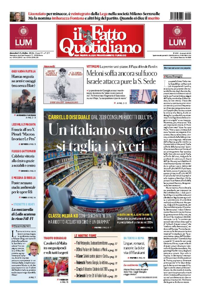 Copertina de Il Fatto Quotidiano di Mer 8 Ottobre 2025