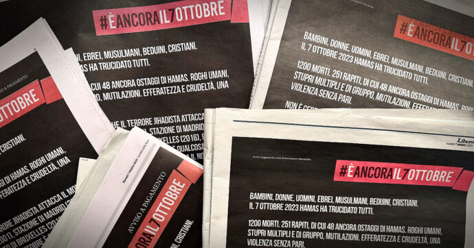 7 ottobre, pagina a pagamento dell’associazione Setteottobre sui giornali. La Federazione della Stampa: “Dignità svenduta”