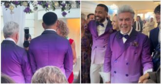 Copertina di “Come David Beckham”: Alviero Martini sposo a 75 anni con William de Souza, gli abiti (e la torta) viola sono già virali