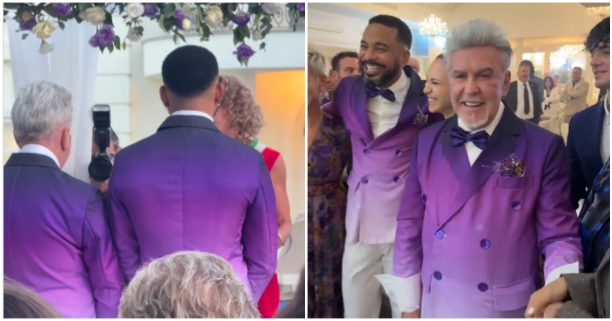 “Come David Beckham”: Alviero Martini sposo a 75 anni con William de Souza, gli abiti (e la torta) viola sono già virali