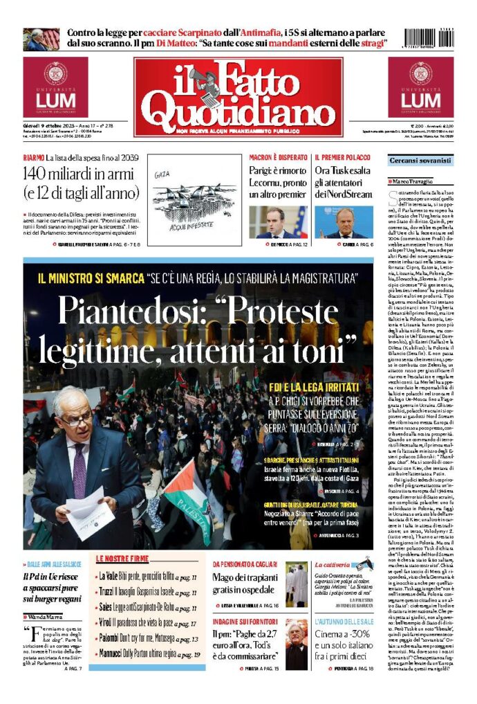 Copertina de Il Fatto Quotidiano di Gio 9 Ottobre 2025