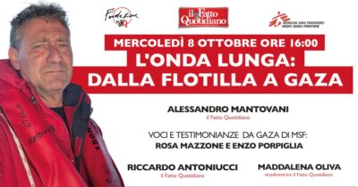 Copertina di L’onda lunga: dalla Flotilla a Gaza. Le testimonianze di Alessandro Mantovani ed Enzo Porpiglia. Con Oliva e Antoniucci