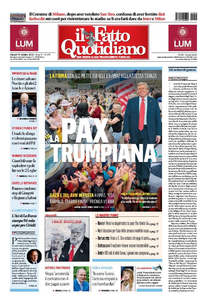 Copertina de Il Fatto Quotidiano di Ven 10 Ottobre 2025