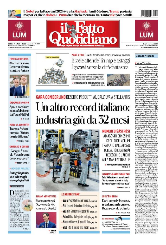 Copertina de Il Fatto Quotidiano di Sab 11 Ottobre 2025