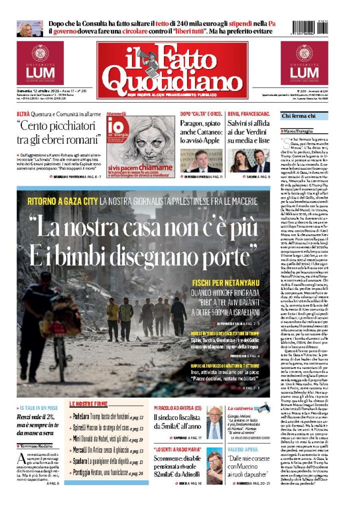 Copertina de Il Fatto Quotidiano di Dom 12 Ottobre 2025