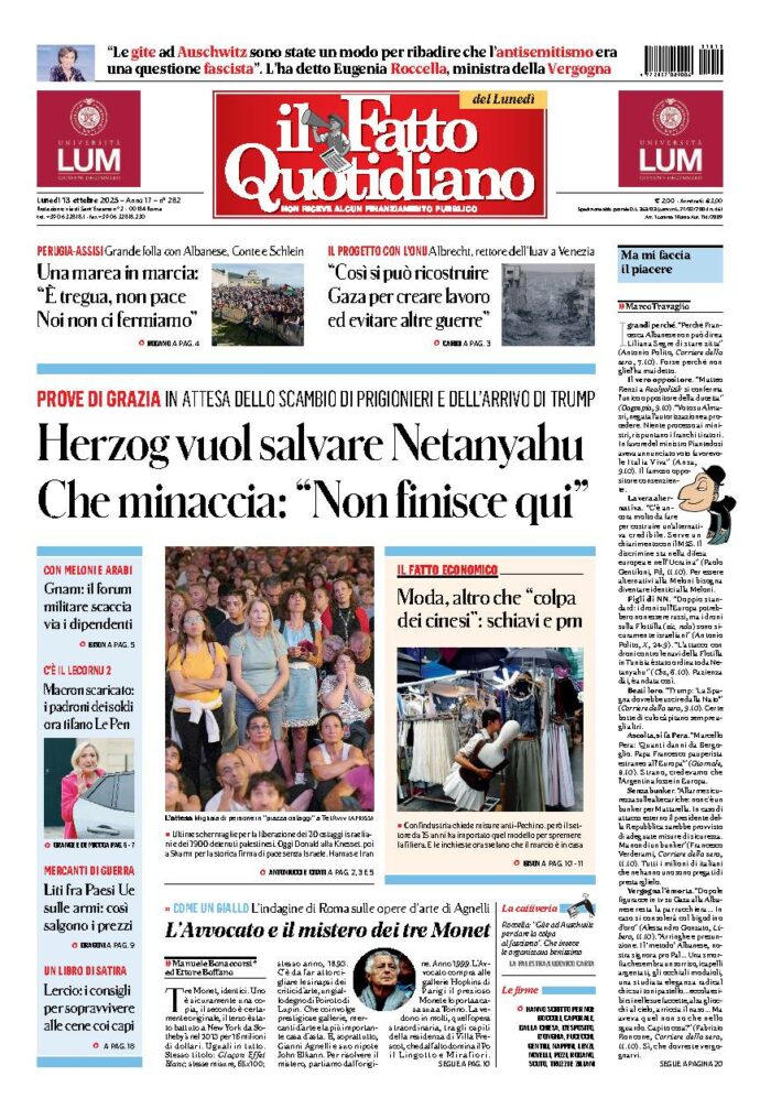 Copertina de Il Fatto Quotidiano di Lun 13 Ottobre 2025
