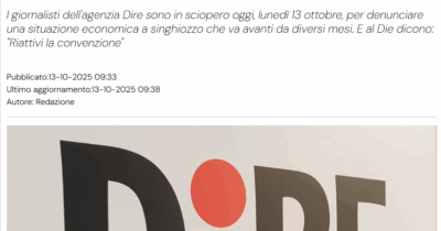 Copertina di I giornalisti dell’agenzia Dire proclamano lo sciopero: “Stipendi dilazionati e nessuna certezza sui versamenti”