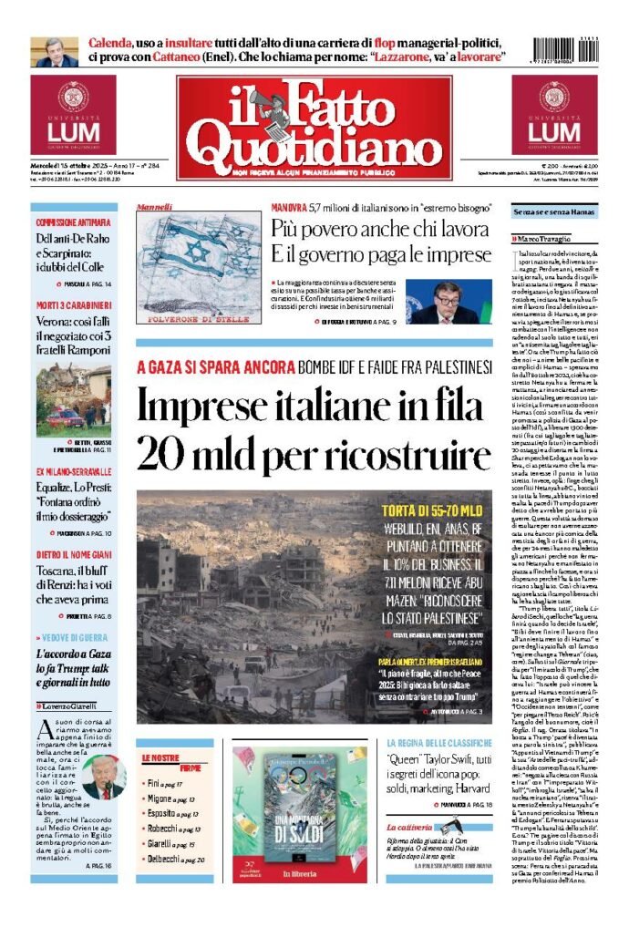 Copertina de Il Fatto Quotidiano di Mer 15 Ottobre 2025
