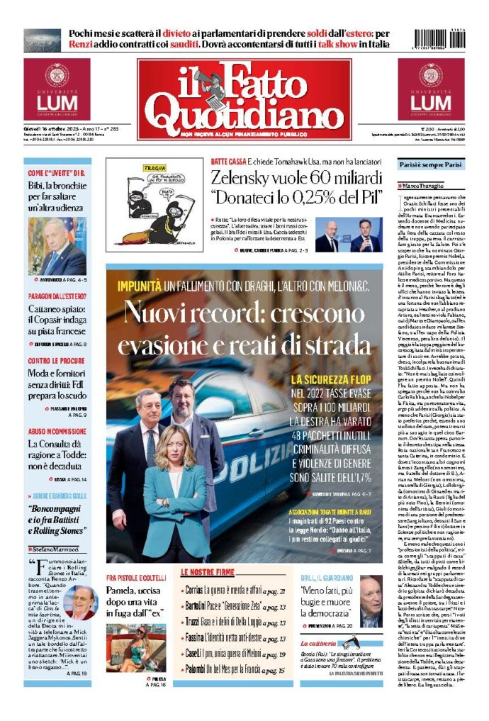 Copertina de Il Fatto Quotidiano di Gio 16 Ottobre 2025