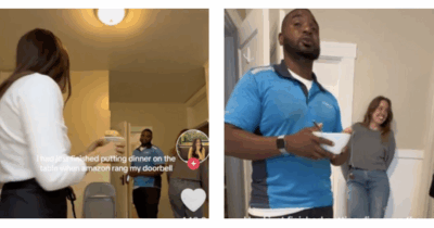 Copertina di Arriva il corriere Amazon mentre sta finendo di preparare la cena, lei lo invita a mangiare e lui reagisce così – Il video virale