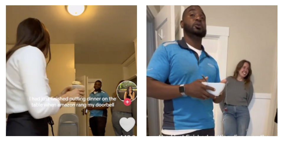 Arriva il corriere Amazon mentre sta finendo di preparare la cena, lei lo invita a mangiare e lui reagisce così – Il video virale