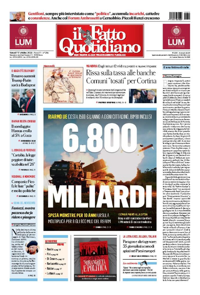 Copertina de Il Fatto Quotidiano di Ven 17 Ottobre 2025