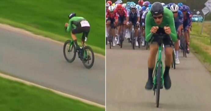 Jan-Willem van Schip scatta e poi viene squalificato: ha montato il reggisella al contrario | Video