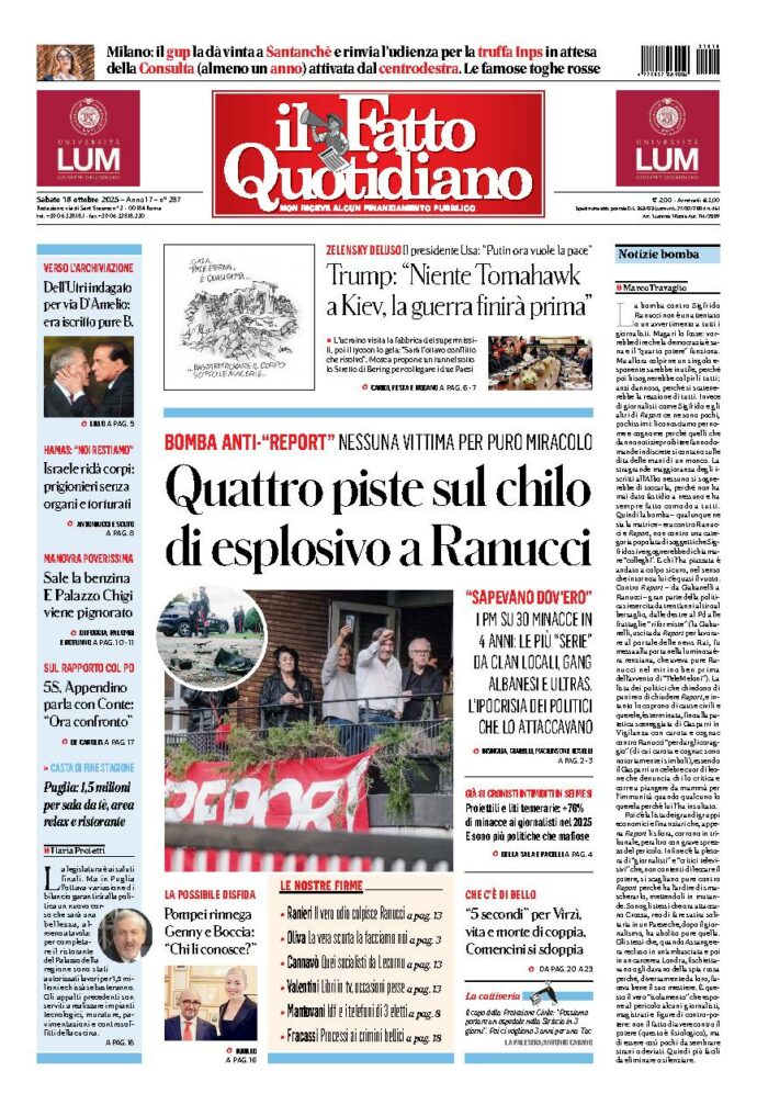 Copertina de Il Fatto Quotidiano di Sab 18 Ottobre 2025