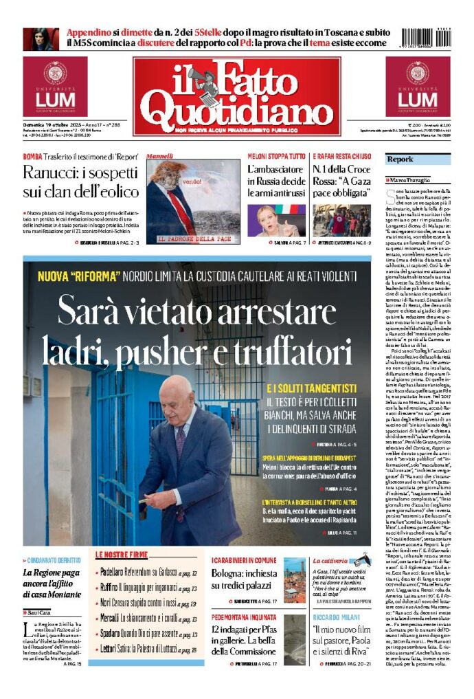 Copertina de Il Fatto Quotidiano di Dom 19 Ottobre 2025