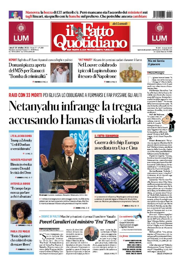 Copertina de Il Fatto Quotidiano di Lun 20 Ottobre 2025