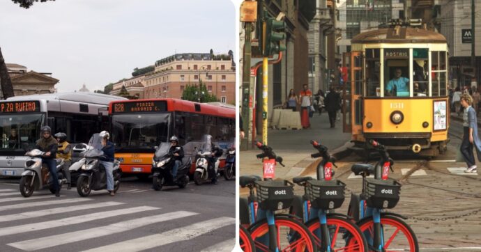 Roma e Milano a confronto, auto e scooter contro mezzi pubblici e mobilità “dolce”