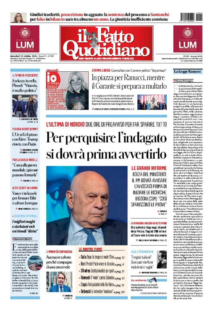 Copertina de Il Fatto Quotidiano di Mer 22 Ottobre 2025