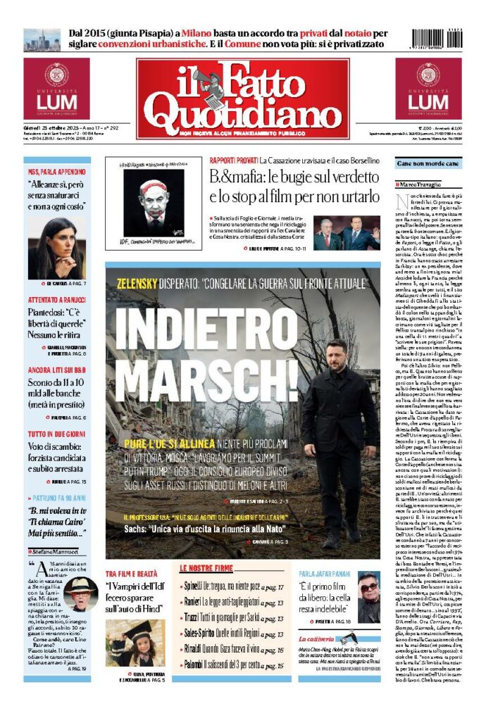 Copertina de Il Fatto Quotidiano di Gio 23 Ottobre 2025