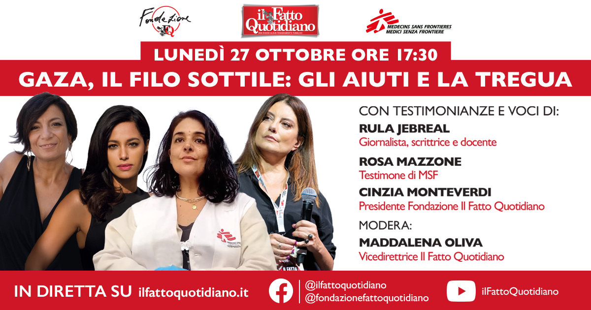 Gaza, il filo sottile: gli aiuti e la tregua. La testimonianza in diretta di Medici Senza Frontiere e Rula Jebreal Gaza, il filo sottile: gli aiuti e la tregua. La testimonianza in diretta di Medici Senza Frontiere e Rula Jebreal