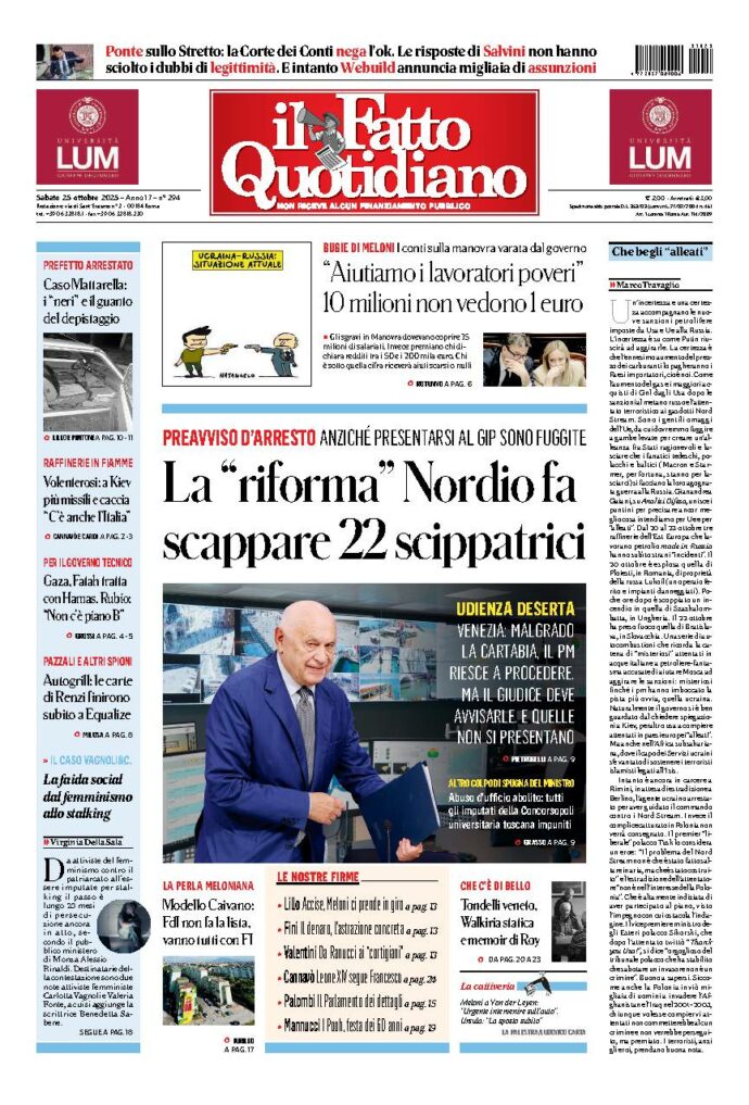 Copertina de Il Fatto Quotidiano di Sab 25 Ottobre 2025
