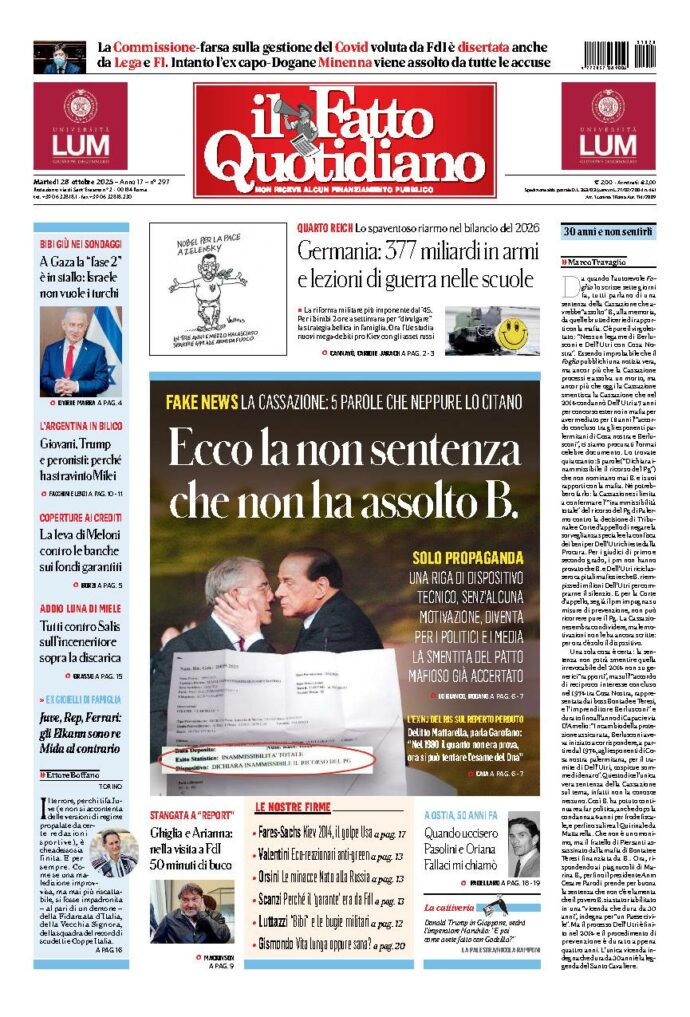Copertina de Il Fatto Quotidiano di martedì 28 Ottobre 2025