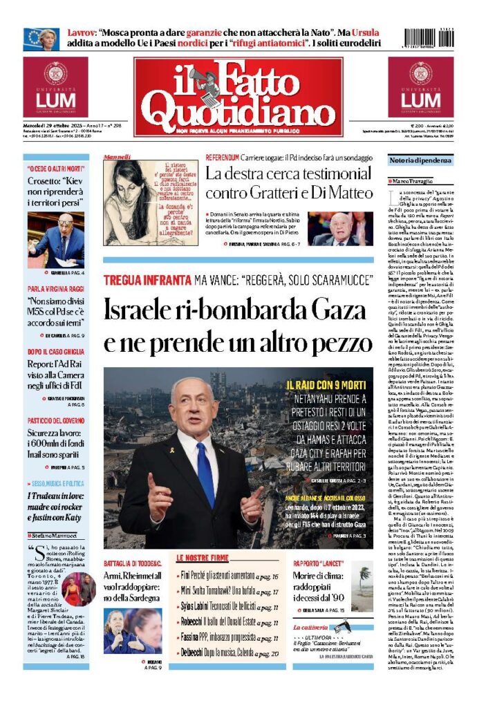 Copertina de Il Fatto Quotidiano di Mer 29 Ottobre 2025